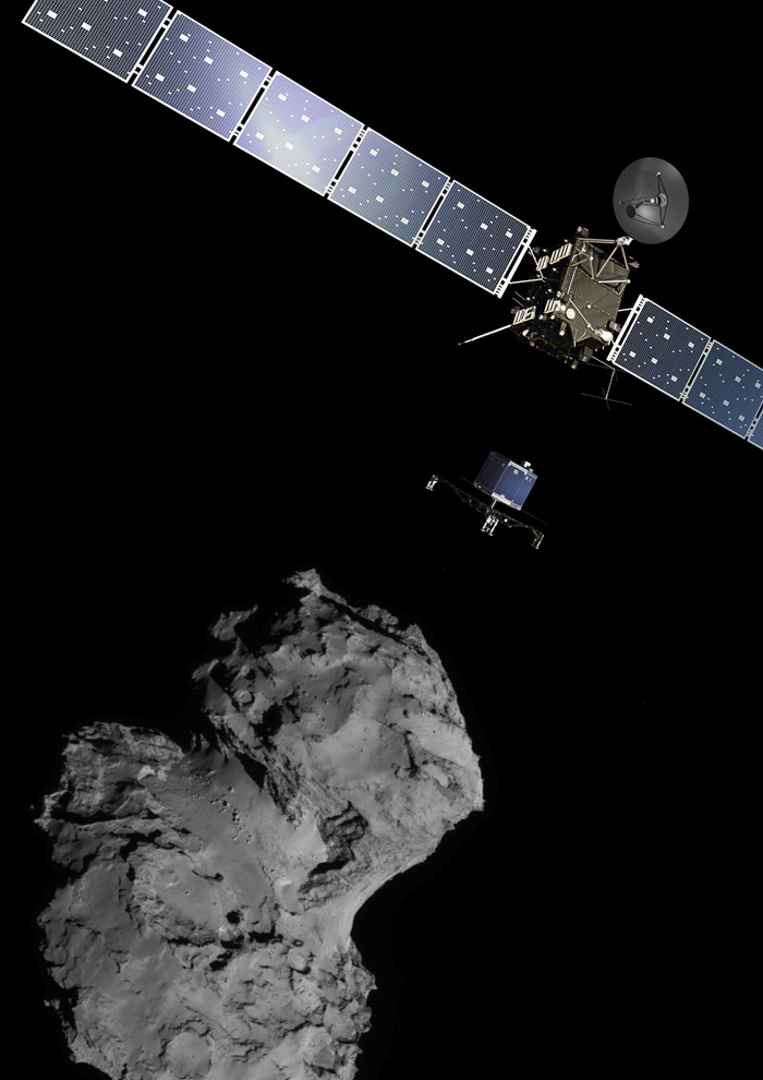 Comet 67P/CG, acquired by ROLIS instrument on Philae lander of European Space Agency's Rosetta during descent from a distance of approximately 3 km from the surface. (Reuters)