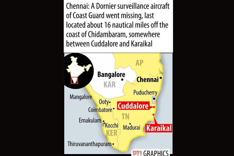 Coast Guard assisted by Navy has undertaken a massive search operation after its Dornier surveillance aircraft with three personnel on board went missing last night off the coast of Chennai. "The aircraft CG-791 was deployed along the Tamil Nadu coast and Palk Bay from the Coast Guard Air Station Chennai last evening and it failed to return to the base."