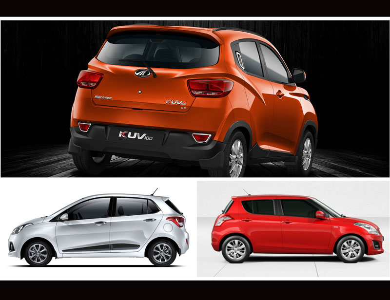 KUV100 vs Grand i10 vs Swift - Dimensions Despite Mahindra's claims of the KUV100 being an 'SUV', the KUV100 is smaller in length and wheelbase than both the hatchbacks it will rival against. The KUV100, however, has more width and height than the Swift and the Grand i10. Shocking it may sound to many, but the KUV100's ground clearance too is equal to the Swift at 170mm. Mahindra KUV100: Length - 3,675mm | Width - 1,715mm | Height - 1,635mm | Wheelbase - 2,385mm | Ground clearance - 170mm Maruti Swift: Length - 3,850mm | Width - 1,695mm | Height - 1,530mm | Wheelbase - 2,430mm | Ground Clearnce - 170mm Hyundai Grand i10: Length - 3765mm | Width - 1660mm | height - 1520mm | Wheelbase - 2425mm | Ground clearance - 165mm
