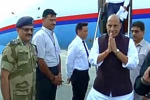 Rajnath Singh after arrival from Pakistan at airport in New Delhi today. (Image: ANI)