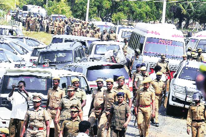 Police personnel at the resort in Koovathur on East Coast Road on the outskirts of Chennai where AIADMK general secretary VK Sasikala was staying, on Tuesday 