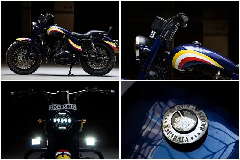 Zafiro: The Zafiro is based on a Royal Enfield Classic 350. It was given rear disk brakes with alloy wheels, Cree COB headlamps with Auxilary Headlamps, Custom Tank, mudguards fitments, and seating, all of which has improved the ride quality.