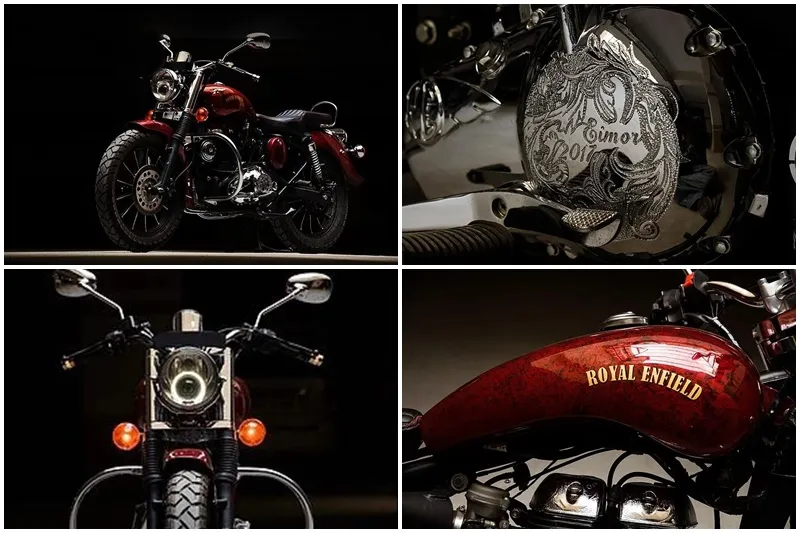 Jasper: The 2014 Royal Enfield Electra 350 was stripped of all its parts and was given new hand crafted ones. The clutch and head covers have been engraved with tasteful designs. The name comes from its paint job, which is Maroon Candy on top of textured silver base. Jasper is a stone that has the same texture as the paint job.
