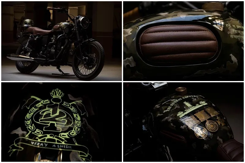 Parantapa: This 2011 Royal Enfield Electra belongs to an Indian Army personnel, who approached Eimor custom shop for an aesthetic upgrade for his motorcycle, and what followed is a very tastefully designed look for the bike, which mainly revolves around the battalion the owner serves with - 'The Bombay Sappers'. The motorcycle was given sleeker wheels, thigh pads matching the leather seat, LED head and tail lamps, and interestingly the paint job includes logos and insignias and shlokas from Bhagwat Gita. It also bears the signature of the owner.