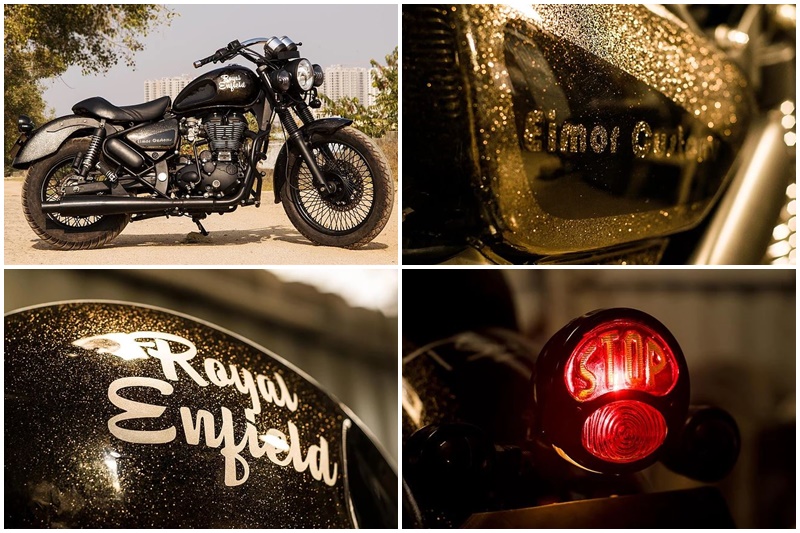 Gold Stone: The owner of this Royal Enfield Thunderbird wanted an improvement in his motorcycle's comfort and looks. This build's main attraction are the wheels which are 80 spokes custom laced patterns with 19 inch front and 15 inch rear wheels. Metal flakes paint job in black kandy looks quite eye-catchy too.