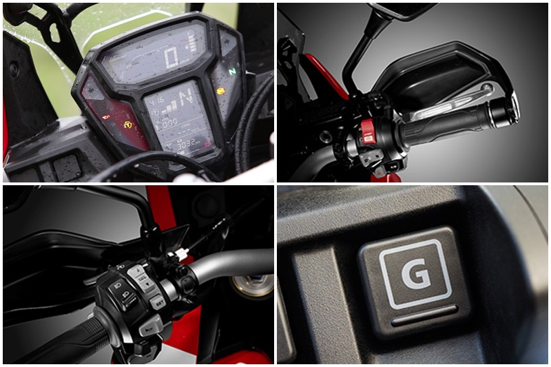 Features (Africa Twin): A distinctive feature on the Africa Twin is its DCT gearbox, however, the rider has the freedom to shift up or down using manual shift selector switches located on the left-side controls on the handlebar. A convenient parking brake lever is also provided. It is also equipped with a G Switch, which responds to requirements of off-road riding. The right-side controls provide thumb switch selection of 'N’ (Neutral), ‘D’ (Drive) or ‘S’ (Sport) riding modes. The instrument console is a highly informative LCD display that has the speedometer, tachometer, fuel, gear position, ABS, odometer, trip and clock.