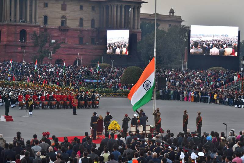 Vice President M Venkaiah Naidu, Prime Minister Narendra Modi, Home Minister Rajnath Singh, Defence Minister Nirmala Sitharaman, Army Chief Gen. Bipin Rawat, Air Force Chief B S Dhanoa and Navy Chief Admiral Sunil Lanba were present on the occasion. (PTI Photo)