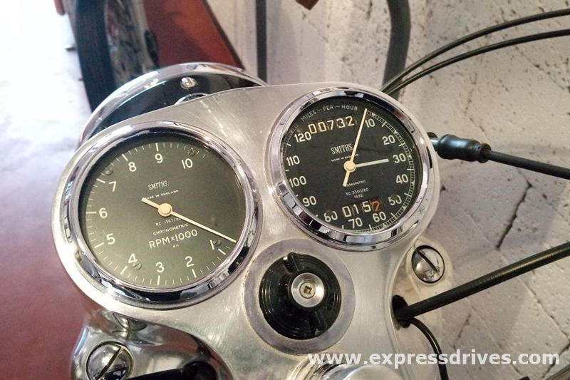 The 1963 Royal Enfield Interceptor came with an instrument cluster from the house of Smiths. Smiths was a well known name at that point of time and some leading automakers used products bearing the said name. One key highlights of the Smiths instrument cluster that you can see in the picture as well is the unusual readings and the point from where they start.