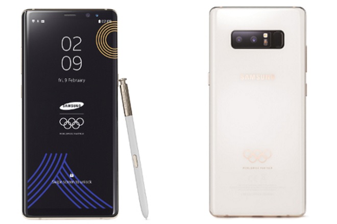 The Samsung Galaxy Note 8 PyeongChang 2018 Olympic Games Limited Edition has a refreshed look with a new glossy white finish and gold Olympics ring on the back panel