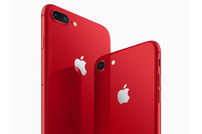 The iPhone 8 and iPhone 8 Plus (PRODUCT) RED colour models sit next to the Space Grey, Silver, and Gold colour models.