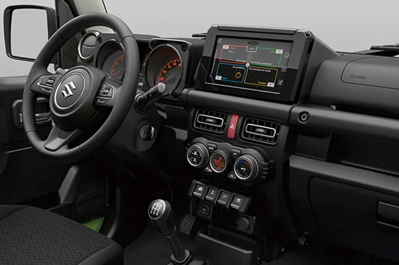 The insides of the new Suzuki Jimny are more upclass than before and may have been borrowed from the new Suzuki Swift. The cabin will come with modern features such as a touchscreen infotainment and steering wheel mounted controls.