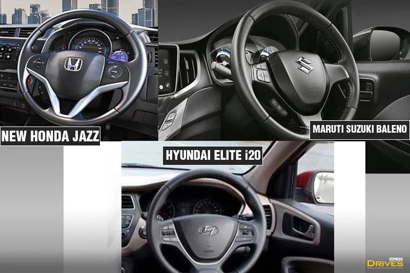 The top variants of all three cars, Maruti Suzuki Baleno, Hyundai i20 and the new Honda Jazz gets steering mounted controls and a round steering. Digital instrument cluster and cruise control are also available on top-trims.