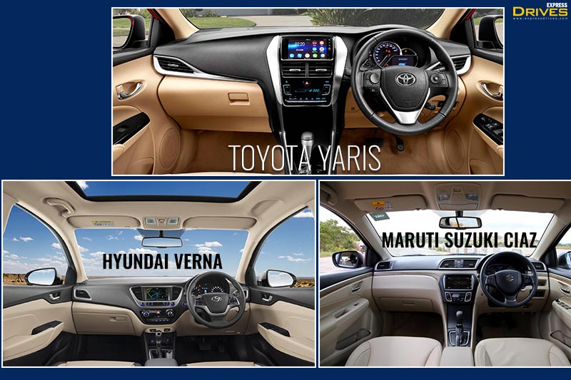 Hyundai Verna, Maruti Suzuki Ciaz and the Toyota Yaris, all three get a touchscreen infotainment system to offer more convenience of the occupants. While the system on the Maruti Suzuki Ciaz and Hyundai Verna support Android Auto and Apple CarPlay, the one on the Yaris does not support any of the two that is a big drawback.