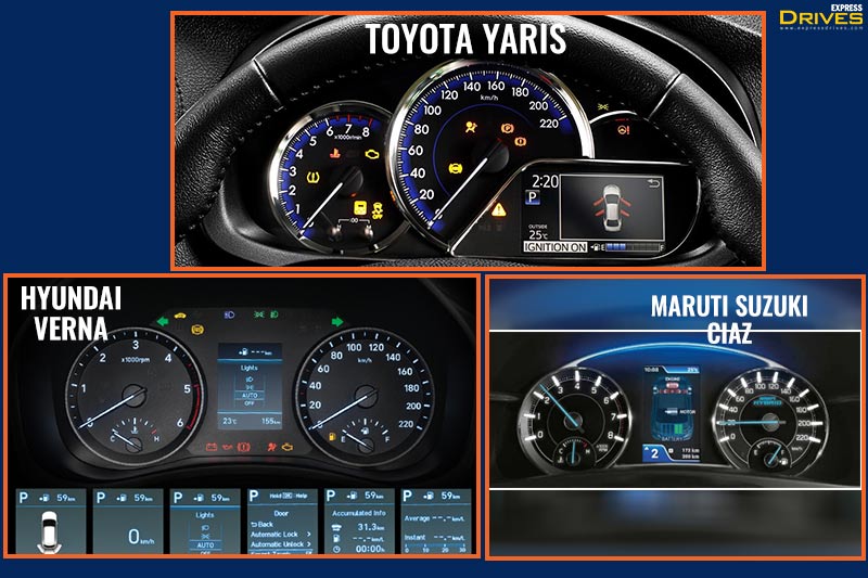 The instrument cluster on the Hyundai Verna looks the most subtle out of the three. On the other hand, the one on the Yaris gets a dual tone unit that looks appealing. Last, the Maruti Suzuki Ciaz facelift has a revised instrument cluster that looks better than the outgoing model.