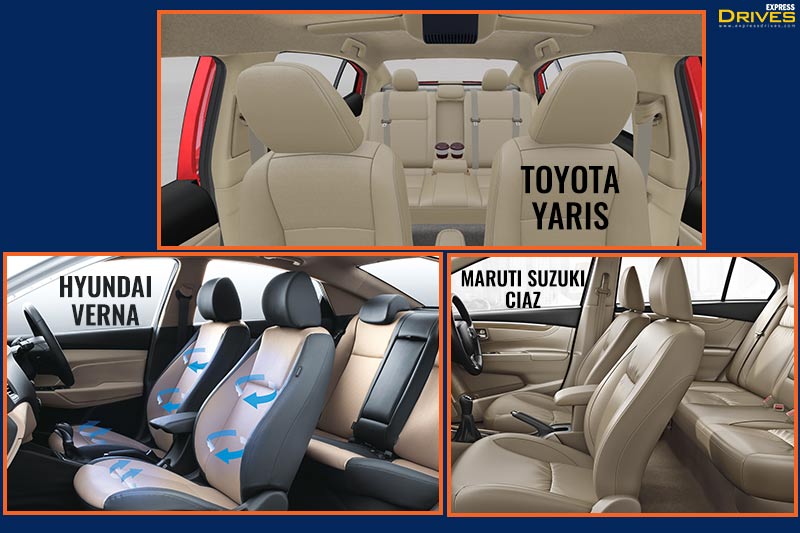 Maruti Suzuki Ciaz facelift, Toyota Yaris and Hyundai Verna, all three get dual tone treatment inside the cabin that make them look premium and upmarket. The new Ciaz gets the speed alert system that gets activated at speeds over 80 kmph. On the other hand, the Verna is the only one here to offer a sunroof. Toyota Yaris takes the charge here for the driver as it gets an electronically powered seat.