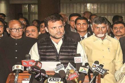 Congress president Rahul Gandhi reads a joint statement after the Opposition parties' meeting, in New Delhi on Wednesday. (PTI) 