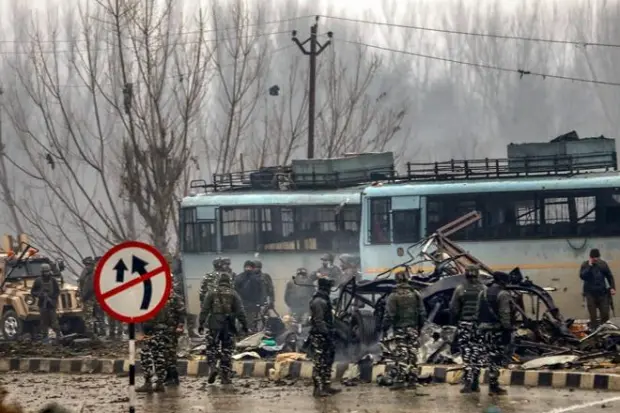 The CRPF bus was blown up by an improvised explosive device (IED) explosion on Srinagar-Jammu highway in Awantipora. (PTI)