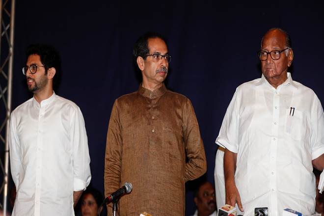 Aaditya Thackeray, Shiv Sena chief Uddhav Thackeray and Nationalist Congress Party president Sharad Pawar (Reuters image)