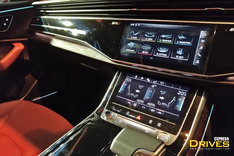 On the centre console, the Audi Q8 offers a twin-screen set-up. There is a 10.1-inch screen which is for infotainment and navigation purposes. Down below, there is an 8.6-inch screen for operating the climate control and Q8's other convenience features. Both of these screens offer haptic feedback support.