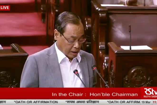 Ranjan Gogoi takes oath as a member of the Rajya Sabha. (Photo: Rajya Sabha TV Grab)
