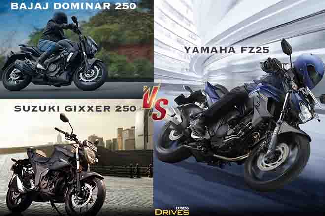 250cc streetfighter shootout! Bajaj Dominar 250 vs Suzuki Gixxer 250 vs Yamaha FZ25 specs, features, price