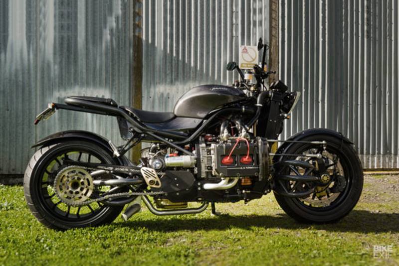 Madboxer: It must've been fairly easy naming this bike. It is powered by a Subaru boxer and it is a mad idea to put that engine on a bike. It is a turbocharged EJ25 out of a second generation WRX, to be precise, paired with a modified Japanese two-speed automatic transmission. The Madboxer is strangely a very cool-looking machine, especially with the center steer hub and swing arms. (Source: Bikeexif)