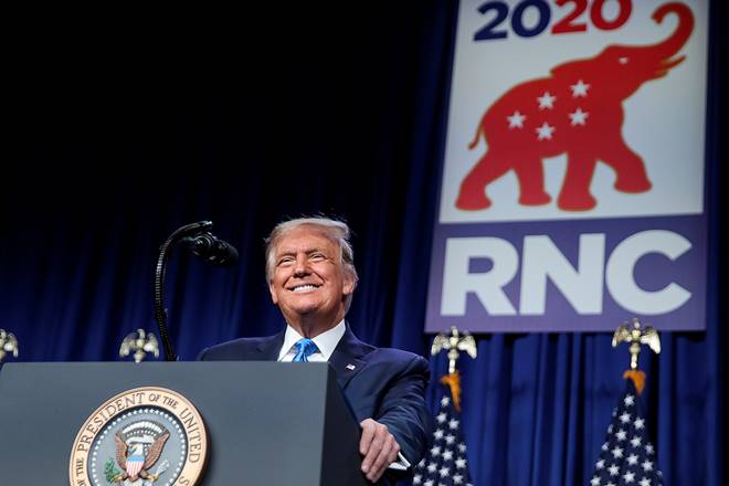U.S. President Donald Trump addresses the first day of the Republican National Convention after delegates voted to confirm him as the Republican 2020 presidential nominee for reelection in Charlotte, North Carolina, U.S., August 24, 2020. REUTERS/Carlos Barria TPX IMAGES OF THE DAY