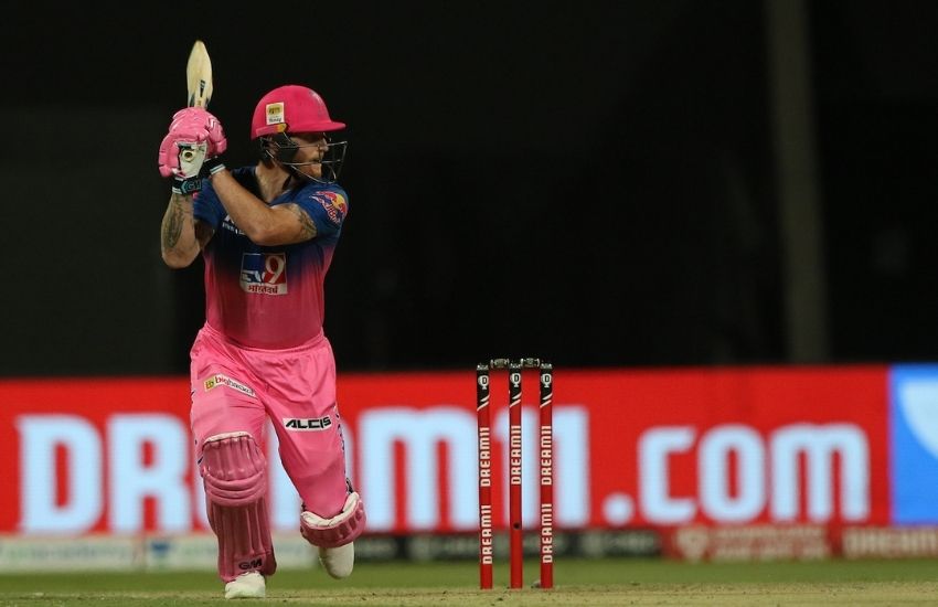 Ben Stokes of Rajasthan Royals celebrates his century during Indian Premier League (IPL) match between the Rajasthan Royals and the Mumbai Indians, at the Sheikh Zayed Stadium in Abu Dhabi. (PTI Photo/Sportzpics for BCCI)