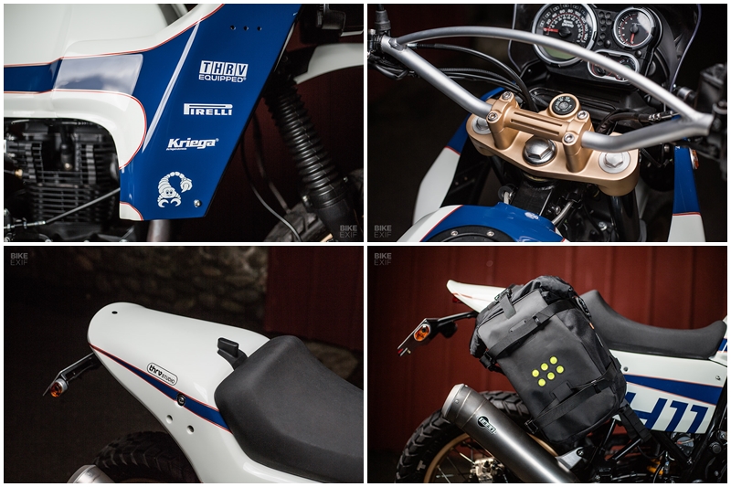 Thrive knocked the Royal Enfield’s paint out the park too, with a livery inspired by a very special Group B rally car. Thrive splashed Rothmans blue graphics onto the bike, flanked by gold and red pin stripes. Then they finished bits like the rims, top yoke and handlebar risers in gold, giving the bike a proper throwback rally vibe. (Source: Bikeexif)