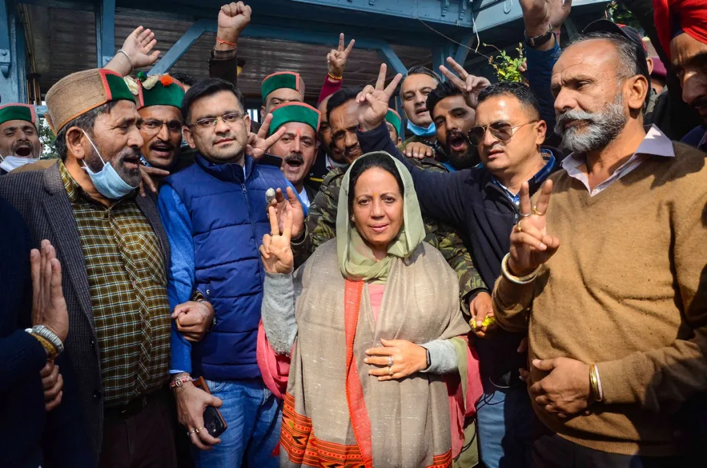 Congress candidate from Mandi Lok Sabha seat Pratibha Singh celebrates her victory in by-elections in Shimla (PTI image)