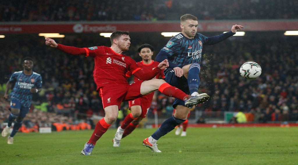 Liverpool's Andrew Robertson in action with Arsenal's Calum Chambers (Reuters file image)