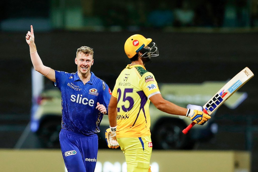 Riley Meredith of Mumbai Indians celebrates the wicket of Shivam Dube of Chennai Super Kings during the 59th T20 cricket match of the Indian Premier League 2022