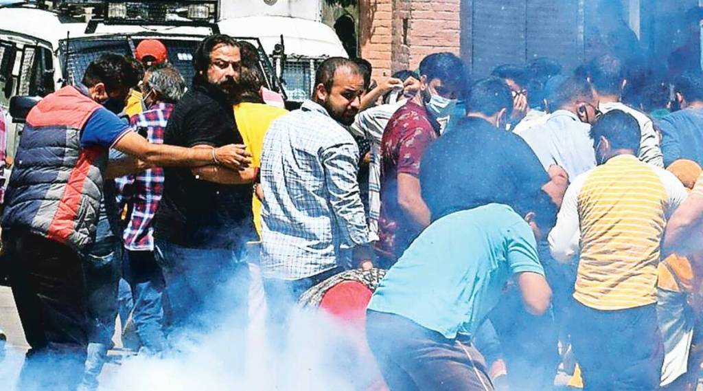 At a protest over the killing, in Srinagar on Friday. Shuaib Masoodi At a protest over the killing, in Srinagar on Friday. Shuaib Masoodi