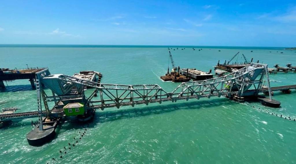 Work in progress for Indian Railways’ New Pamban Bridge connecting