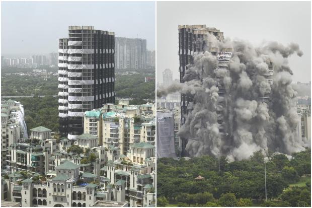 Noida Supertech twin tower demolition: The nearly 100-metre-high structures – taller than iconic Qutub Minar (73 metres) – were brought to the ground in seconds literally like a house of cards by the 'waterfall implosion' technique, in a breathtaking spectacle of modern day engineering. Let us take a look at some of the images: