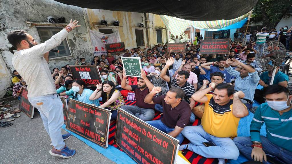 Kashmiri Pandit employees stage protest as they observe 'Balidan Divas' in commemoration of the death of Tika Lal Taploo, in Jammu, on September 13 (PTI Photo/File)