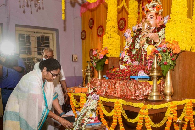West Bengal CM Mamata Banerjee offers prayers on Ganesh Chaturthi festival in Kolkata. (PTI Photo)