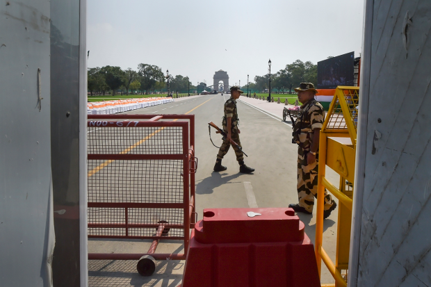 New Delhi: Security personnel guard at the Kartavya Path ahead of the launch of the revamped Central Vista Avenue in New Delhi, Thursday, Sept. 8, 2022. (PTI Photo)