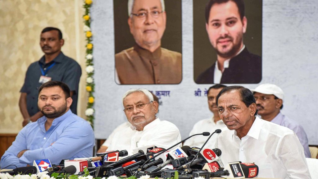 Telangana Chief Minister K Chandrasekhar Rao with Bihar CM Nitish Kumar and Dy CM Tejashwi Yadav addresses a press conference, in Patna. (PTI Photo)