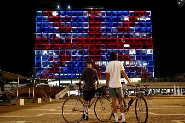 Municipality building in Tel Aviv is illuminated with the union flag.REUTERS