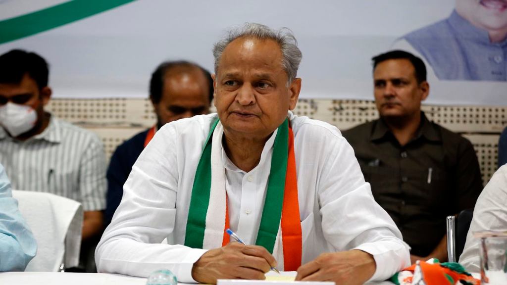 Rajashthan CM Ashok Gehlot along with other party leaders at Rajiv Gandhi Bhavan in Ahmedabad on Tuesday. Express photo/File.