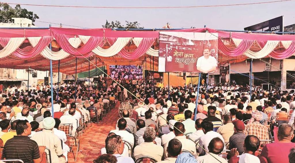 Krishan Lal Thakur’s rally in Nalagarh on Friday. (Express Photo by Navjeevan Gopal)