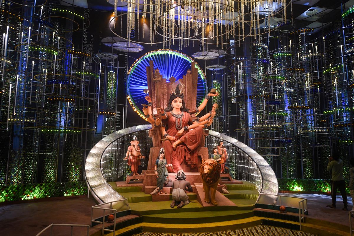 Kolkata: An idol of goddess Durga at a community pandal ahead of Durga Puja festival. (PTI Photo)