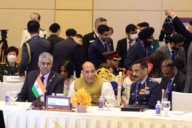 Defence Minister Rajnath Singh sitting along with the India delegation at ASEAN Defence Ministers' Meeting.