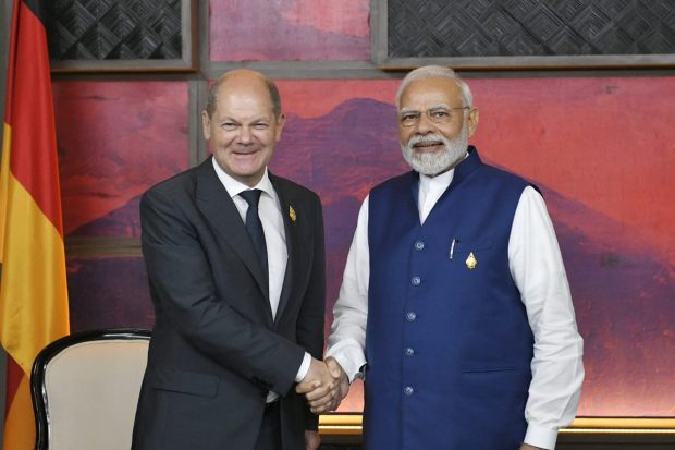 Delighted to meet German Chancellor Scholz. This is our third meeting this year and we built on the strong ground covered during the Inter Governmental Consultations held earlier. We discussed ways to boost economic ties, defence collaboration and other important issues. (Photo: Twitter/MEA)