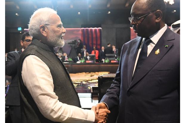 Deliberations with an important developmental partner in Africa. PM Narendra Modi interacted with President Macky Sall, the President of Senegal and Chairman of the African Union. (Photo: Twitter/PMO India)