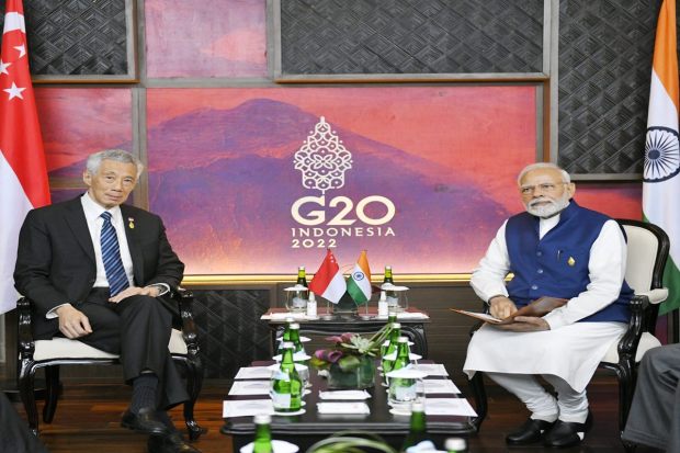 Prime Ministers Narendra Modi and Lee Hsien Loong held talks in Bali. They discussed the immense scope for furthering India-Singapore cooperation in emerging areas like the green economy and solar energy. Ways to enhance trade and cultural linkages were also discussed. (Photo: Twitter/MEA)