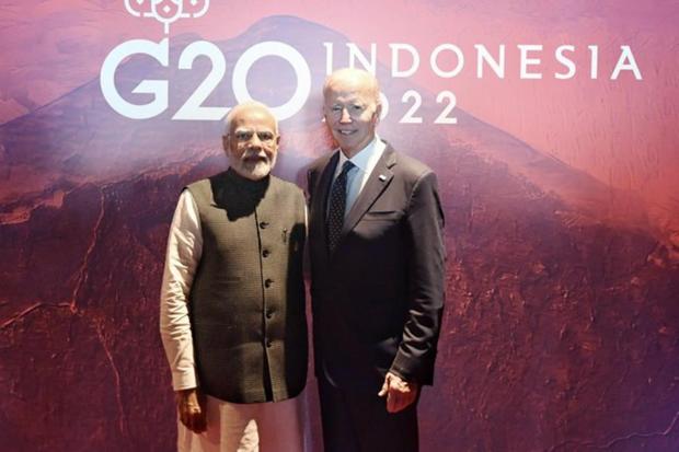 PM Narendra Modi and US President Joe Biden interact during the G20 Summit in Bali. (Photo: Twitter/MEA)