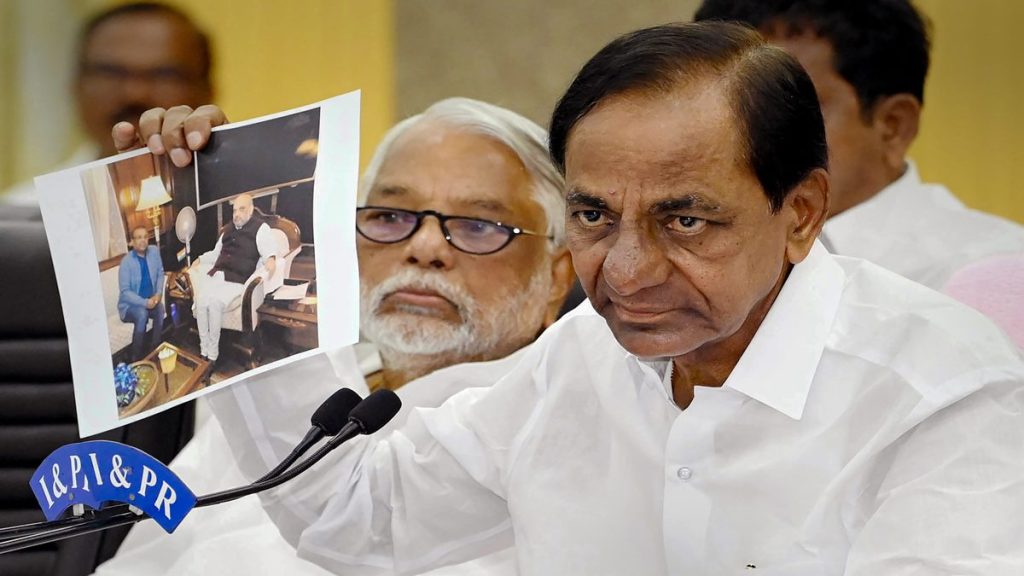 Telangana CM K. Chandrashekar Rao addresses the media from Pragathi Bhavan in Hyderabad, Thursday, November 3, 2022. (PTI Photo)