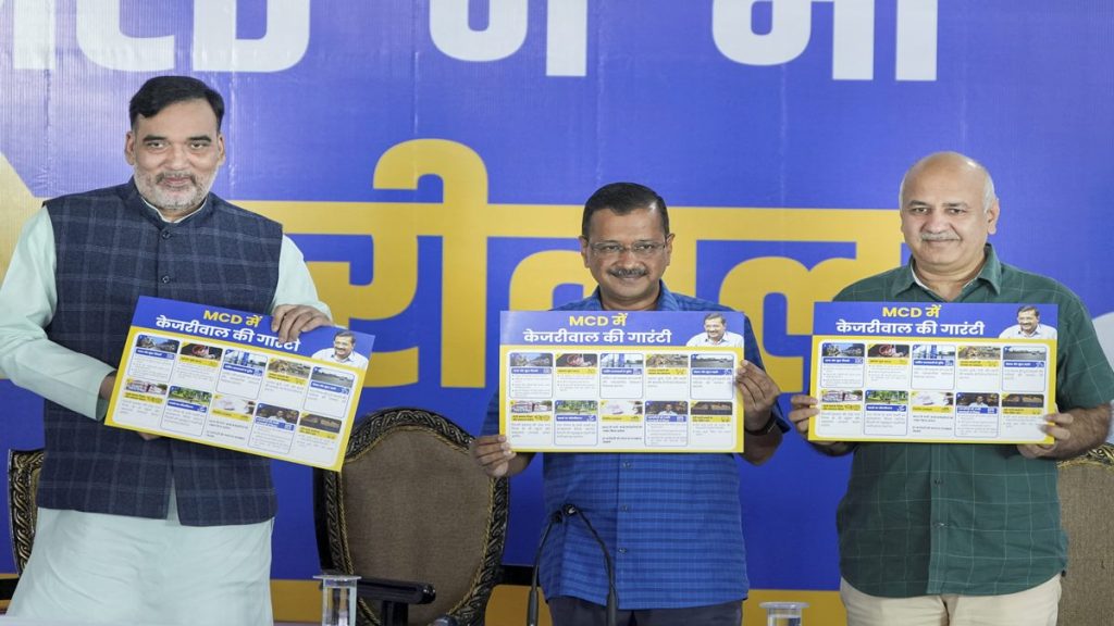 Delhi Chief Minister and AAP Convener Arvind Kejriwal with Deputy Chief Minister Manish Sisodia and Delhi Environment Minister Gopal Rai releases the party manifesto ahead of upcoming MCD polls, during a press conference, in New Delhi, Friday, Nov. 11, 2022. (PTI Photo)
